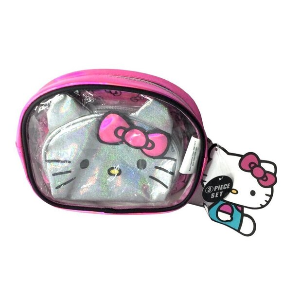 Sanrio Hello Kitty 3 Piece Clear Non-Leather Cosmetic Makeup Bag Set - Picture 1 of 5